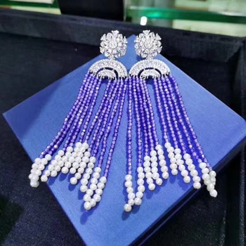 

Flower 925 Sterling Silver Purple Crystal Tassel Earring Micro Zircon Stone Pearl Multi Chain Druzy Dangle Earring