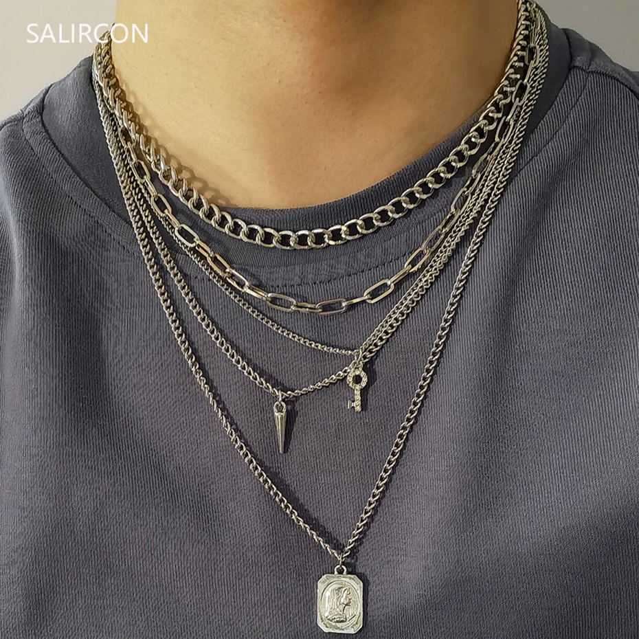 Цепочка Salircon многослойная с кулоном в виде ключа массивное ожерелье заклепками