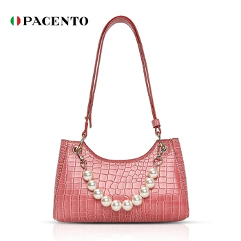 

Pacento Baguette Bag Pink Pearl Bags for Women Vintage Handbag Mini Leather Shoulder Bag Retro Women Bag Stone Pattern