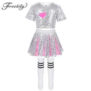 

Kids Girls Jazz Hip Hop Modern Dance Costumes Sparkling Sequins Love Applique Crop Top with Skirt Striped Socks Dancewear Set
