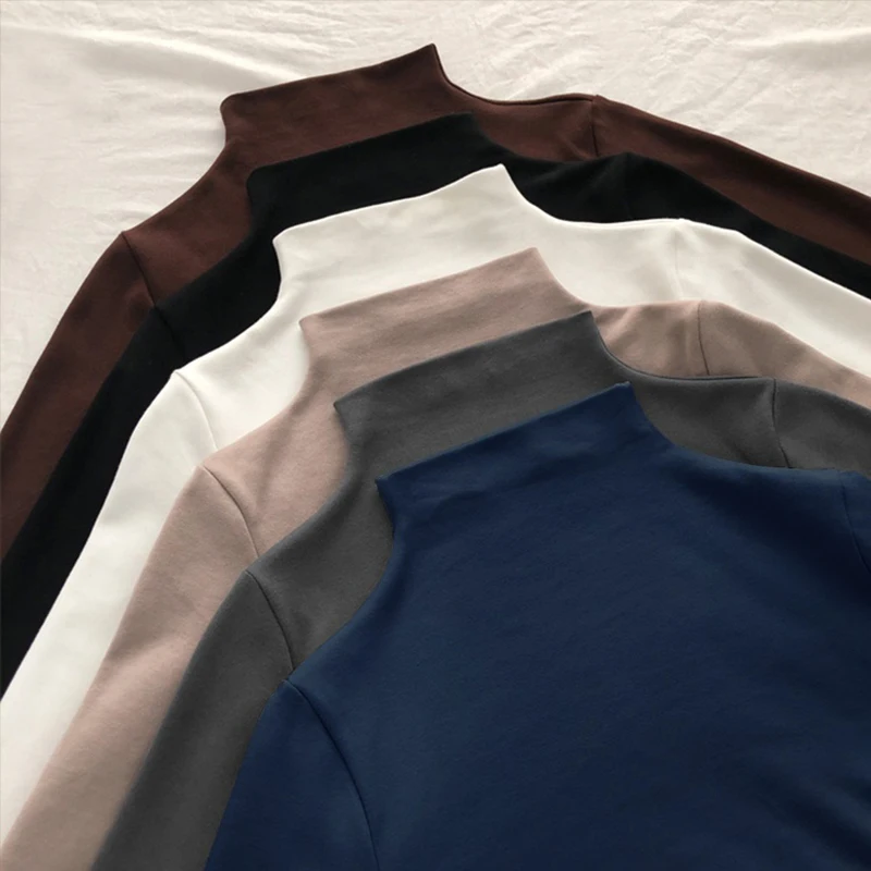 

2020 spring Women shirts Causal Solid slim Bottoming tshirt harajuku Long Sleeve Turtleneck T-Shirts Girls Basic T Shirt Tops