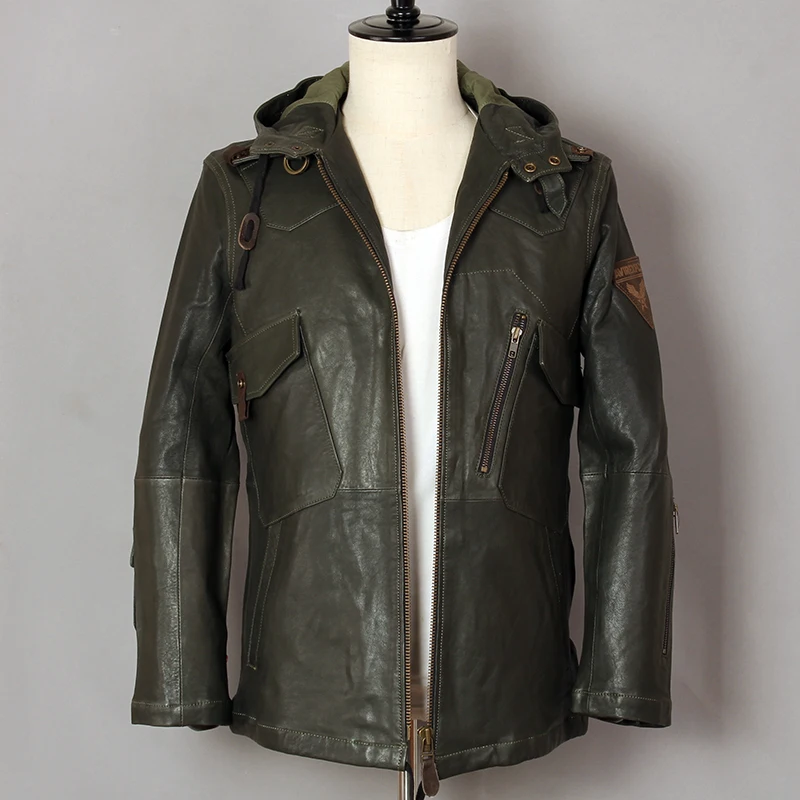 AVIREX FLY модная куртка из натуральной кожи с капюшоном мужская зеленая овчина летная куртка пилот куртка ветровка узкое повседневное пальто