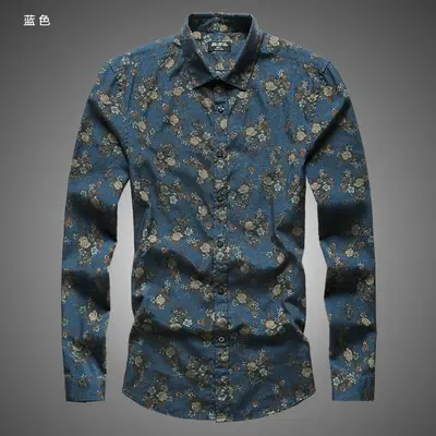 Осенняя мужская рубашка ins Новая мода цветочный принт с длинным рукавом camisa мужская Тонкая Цветочная винтажная льняная Повседневная рубашка - Цвет: Blue