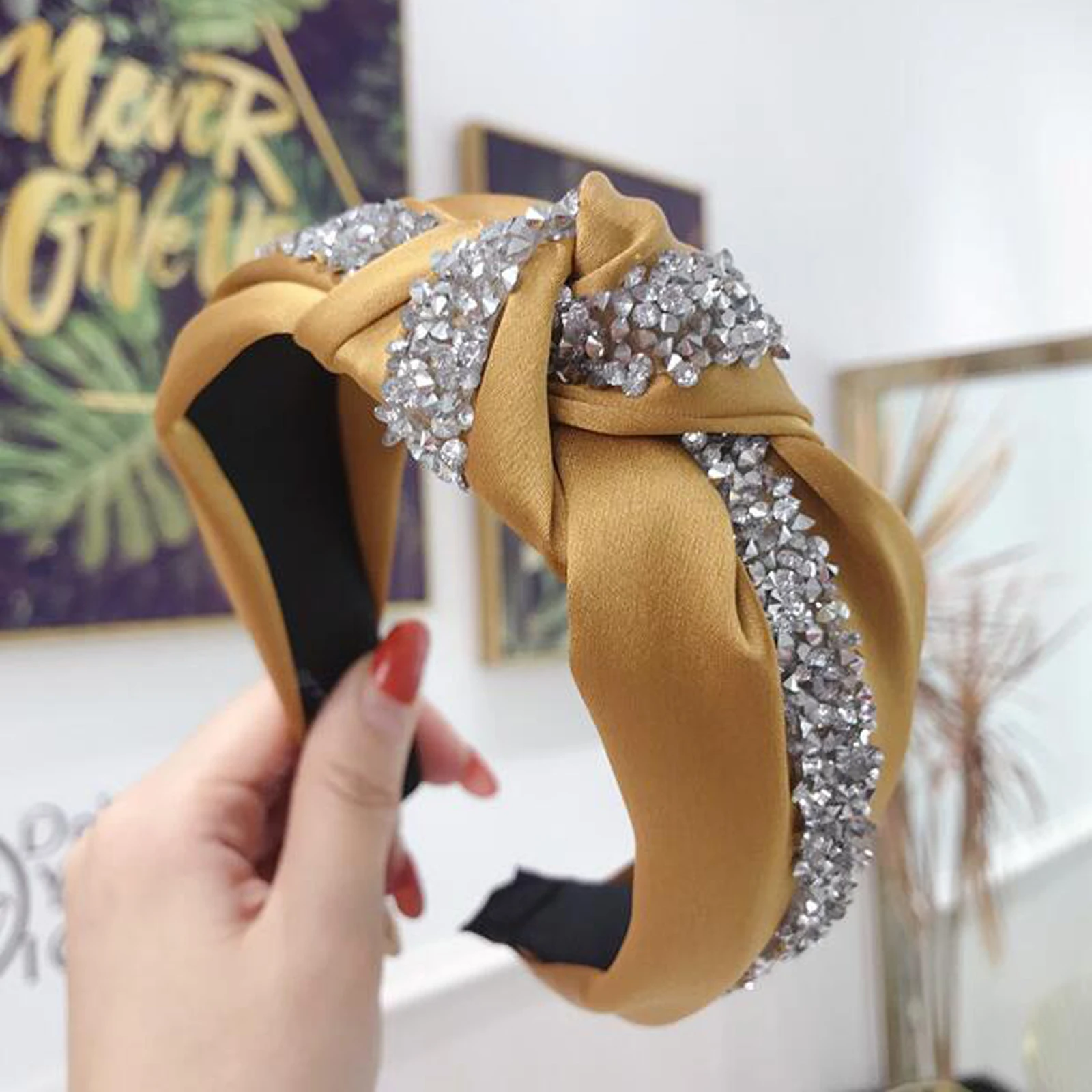 Fashion Shining Rhinestone Hairband Headband Women Wide Side Headwear Solid Casual Headwear Turban Hair Accessories Wholesale