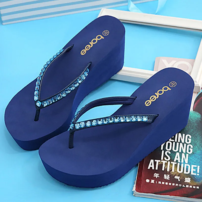 BOREE Women Summer Bling Crystal Slippers Flip Flops Platform