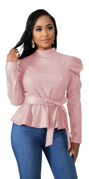 

Allyzozo Women Autumn Winter Turtleneck Puff Sleeve PU Leather T shirts Ladies Fashion Lace Up Shirts Clothing