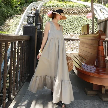 

Summer Dress Vacation Long Dress 2020 Summer New Retro Square Collar Sleeveless A- line Loose Lazy Wind Leisure Woman