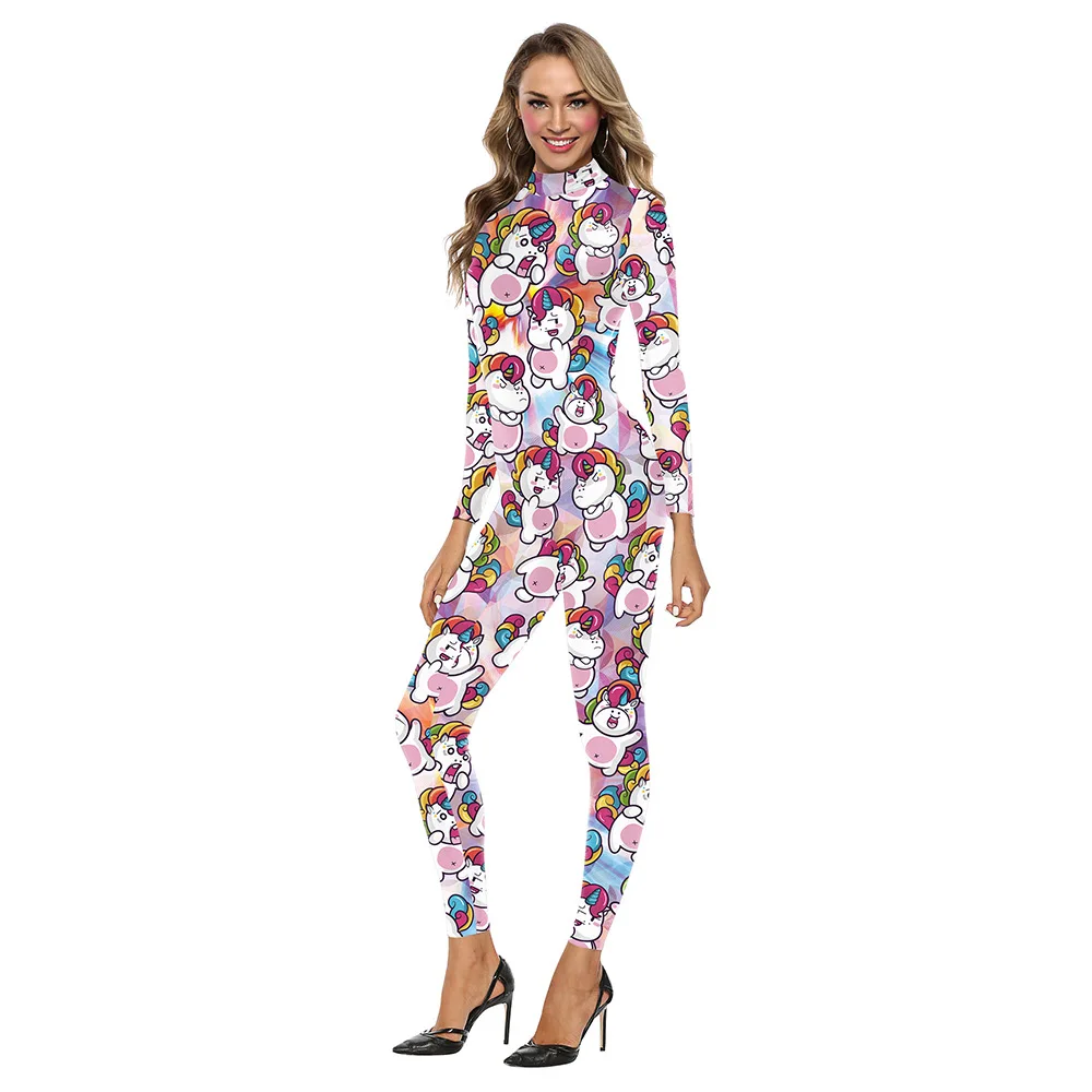 FCCEXIO Cartoon Black Unicorn Print Sexy Bodysuits Women  Long Sleeve Rainbow New Jumpsuit Skinny Party Slim Jumpsuits