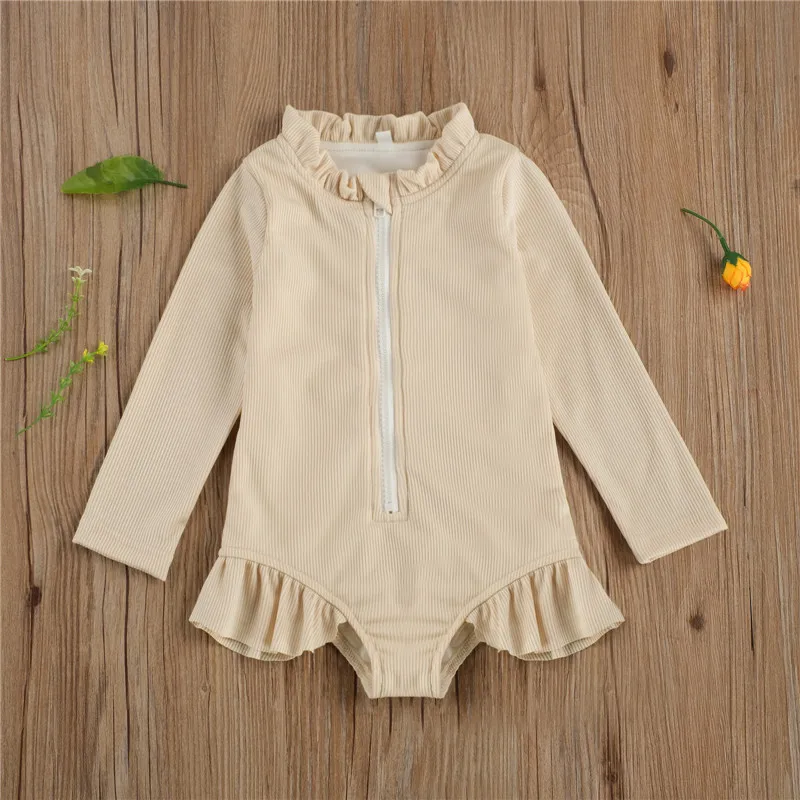 Children Swimwear 1-5Y Toddler Girls Knitted Front Zipper Long Sleeve Ruffles Summer Swimsuit Jumpsuits