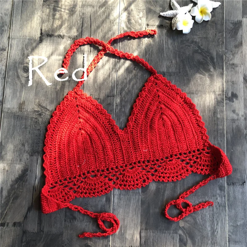 Solid Crochet Bikini Top Women Boho Beachwear Bralette Halter Bikinis Knitted Bra Swimming Bathing Suit Mujer One-Piece Swimwear