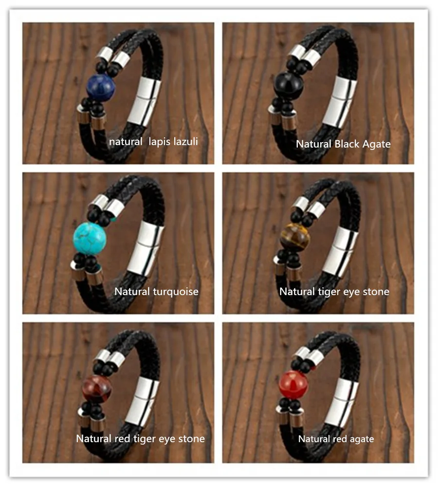 European and American Retro Style 16mm Natural Tiger’s Eye Double-row Leather Cord Bracelet Stainless Steel Magnet Buckle Bracel