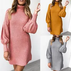 Водолазка повседневное женское платье 2019 теплое вязаное зимнее платье женское розовое мини-платье с длинным рукавом осеннее Женское