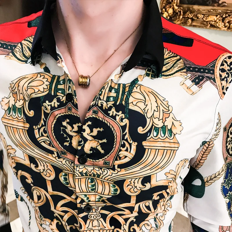 Роскошная рубашка барокко для мужчин Camisas Para Homem повседневные рубашки для мужчин s рубашка осень Chemise Homme De Роскошная модная Клубная мужская одежда