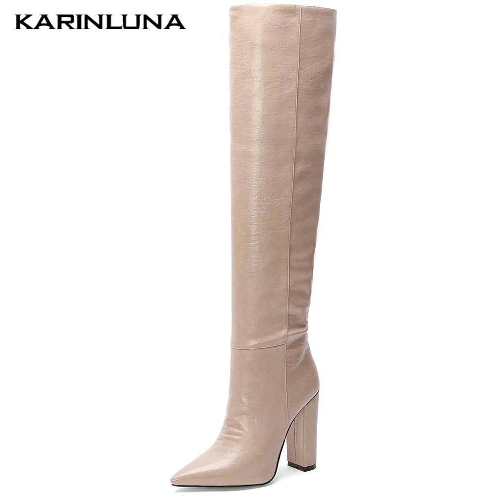 

KARINLUNA NEW Fashion PLUS Size 44 Pointed Toe Chunky High Heel Customize Shoes Woman Boots Female Knee High Boots Women Shoes