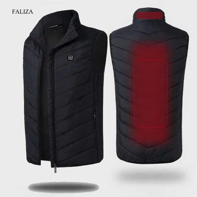FALIZA USB Heated Vest Men Winter Heating Jacket Male Waistcoat Thermal Warm Clothing Feather Sleeveless Gilet Homme Vests MJ117