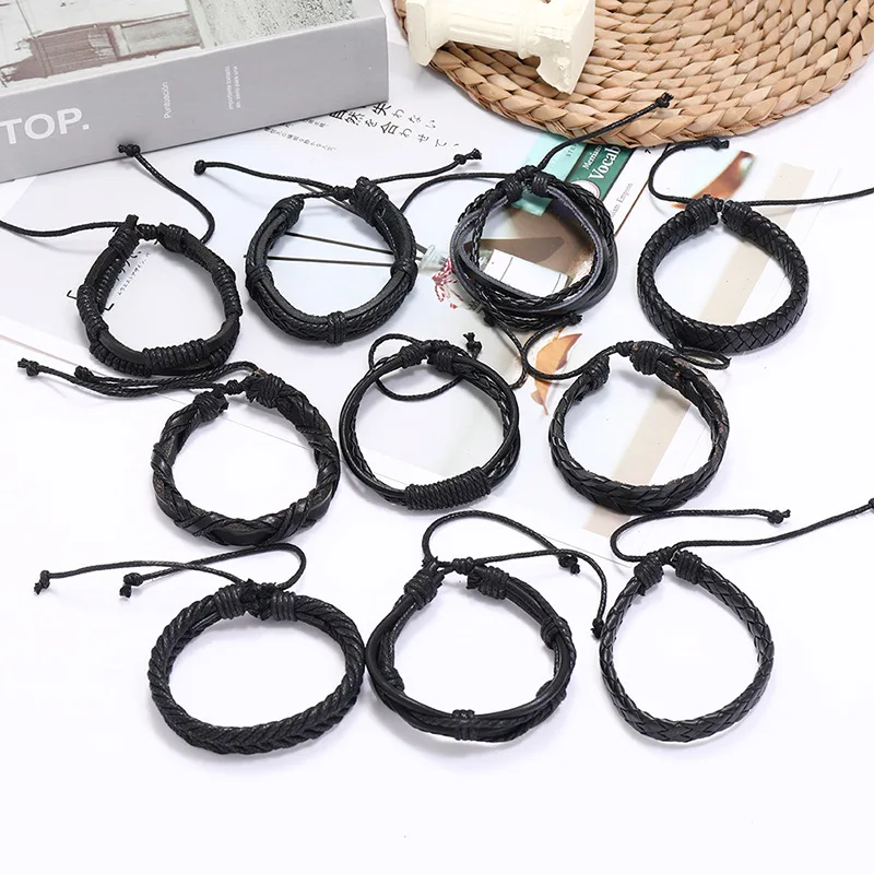 Set of 10 Unisex Handmade Braided Black Leather Bracelets - Minimalist Style