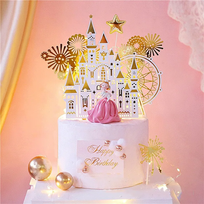 Golden Castle Happy Birthday Cake Topper Pink Ferris Wheel Kids Birthday Party Cake Topper Decorazione Dessert Baby Shower Gift