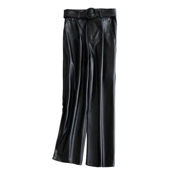 

2020 Autumn Brand New Women PU Leather Pants Belted High Waist Faux Leather Ladies Trousers Winter Pants Wide Leg Pants Pantalon