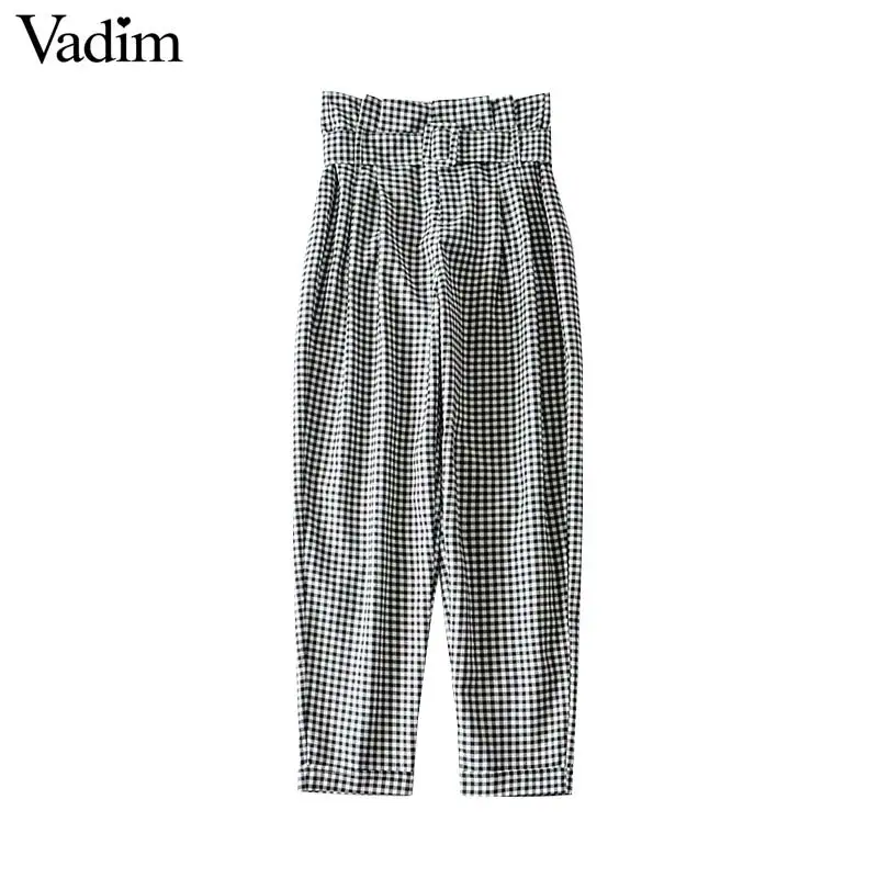 

Vadim women elegant plaid pants belt zipper fly design pockets female office wear casual chic trousers long pantalones KB102