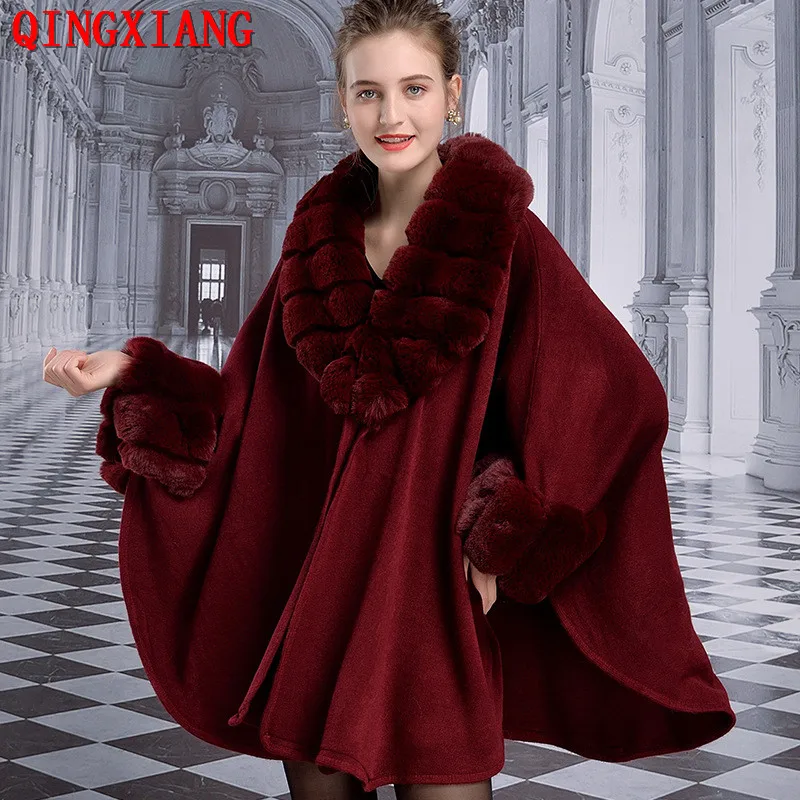 Women Party Overcoat Cloak Winter Faux Rabbit Fur Big Striped Collar Knitted Cardigan Cape Cashmere Long Sleeve Outstreet Poncho