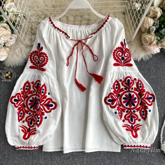 

Retro National Style Machine Embroidery Lace-up Tassled V-neck Lantern Sleeve Shirts Top Women Loose All-match Blusas Blouses