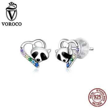 

VOROCO BKE883 Real 925 Silver Colorful Zirconia Raccoon Animal Stud Earrings Hypoallergenic Women Fine Jewelry Heart Ear Studs