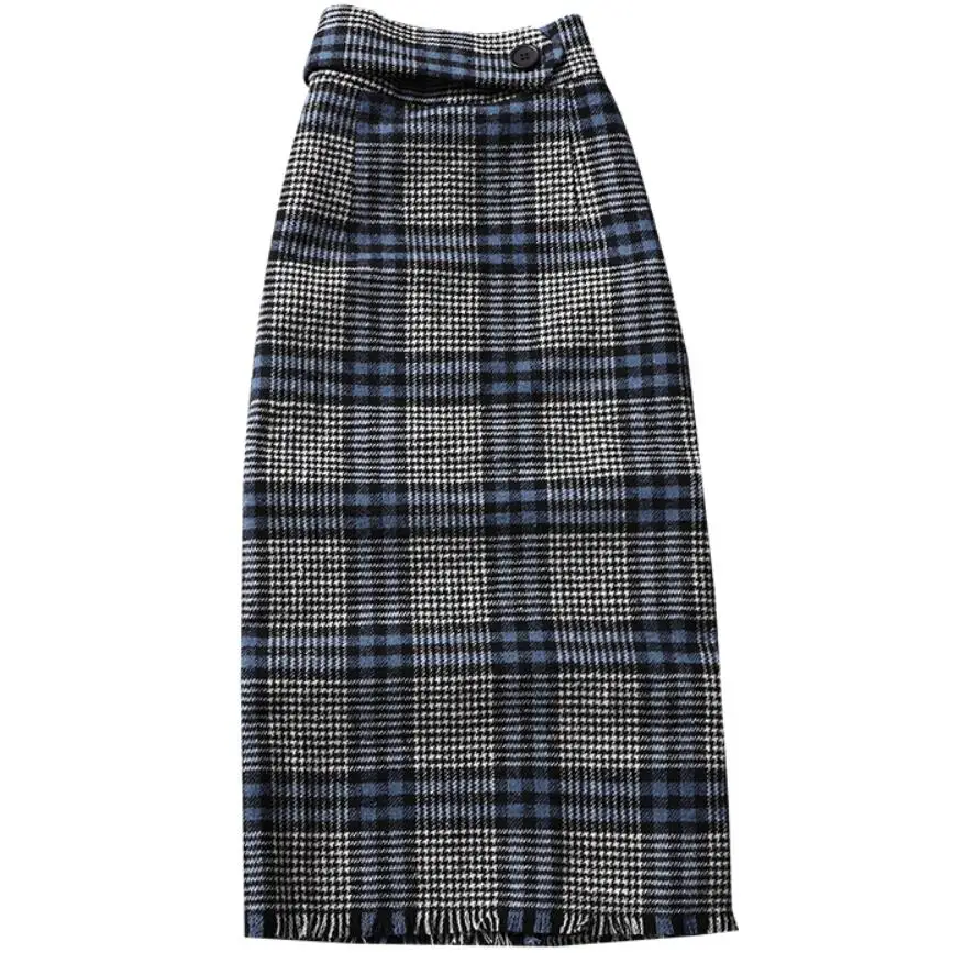 

Осенне-зимняя винтажная Клетчатая Шерстяная Юбка, Женская облегающая юбка с высокой талией и бахромой