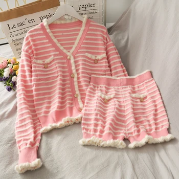 

Autumn 2 Piece Sets Women Sweet Pink Knit Striped Cardigans Top + High Waist Mini Shorts V Neck Single Breasted Knit Shorts Suit