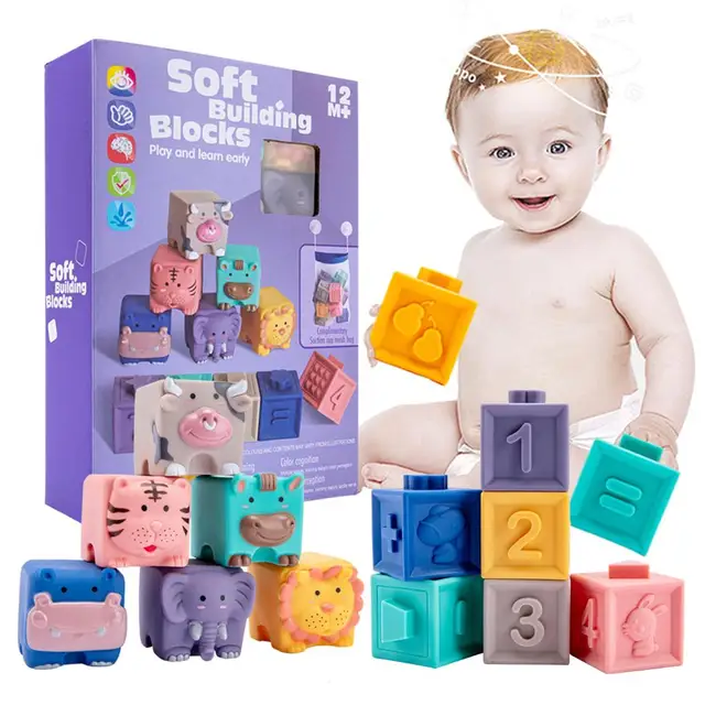 Let's Make Cartoon Animal Baby Soft Silicone Building Blocks Toy Grasp 3D Touch Hand Baby Massage Rubber Squeeze Toy Gift 1
