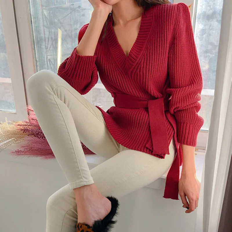 

Korean 2019 Autumn Winter New Women Lace Up Long Puff Sleeve V Collar Sweaters Grace Side Split Ladies Leisure Jumper Sweater