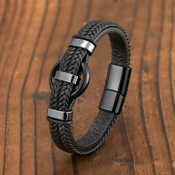 New Circle Natural Black Agate Charm Jewelry Bracelet 3 Wavy Design Leather Rope