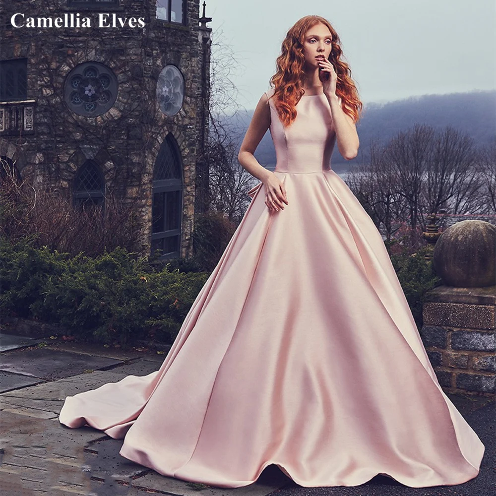 Modern Pink Satin A-line Wedding Dress Bow Backless Bride Dresses Ball Gown Tank Sleeve Bridal Custom Made Robe De Mariée | Свадьбы и