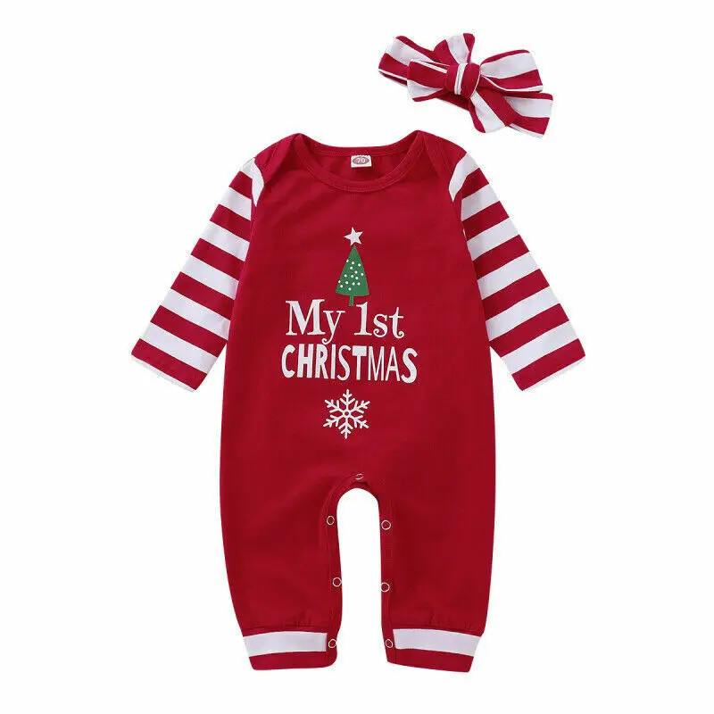 

US Infant Baby Girl My 1st Christmas Stripes Romper with Bowknot Headband Outfit