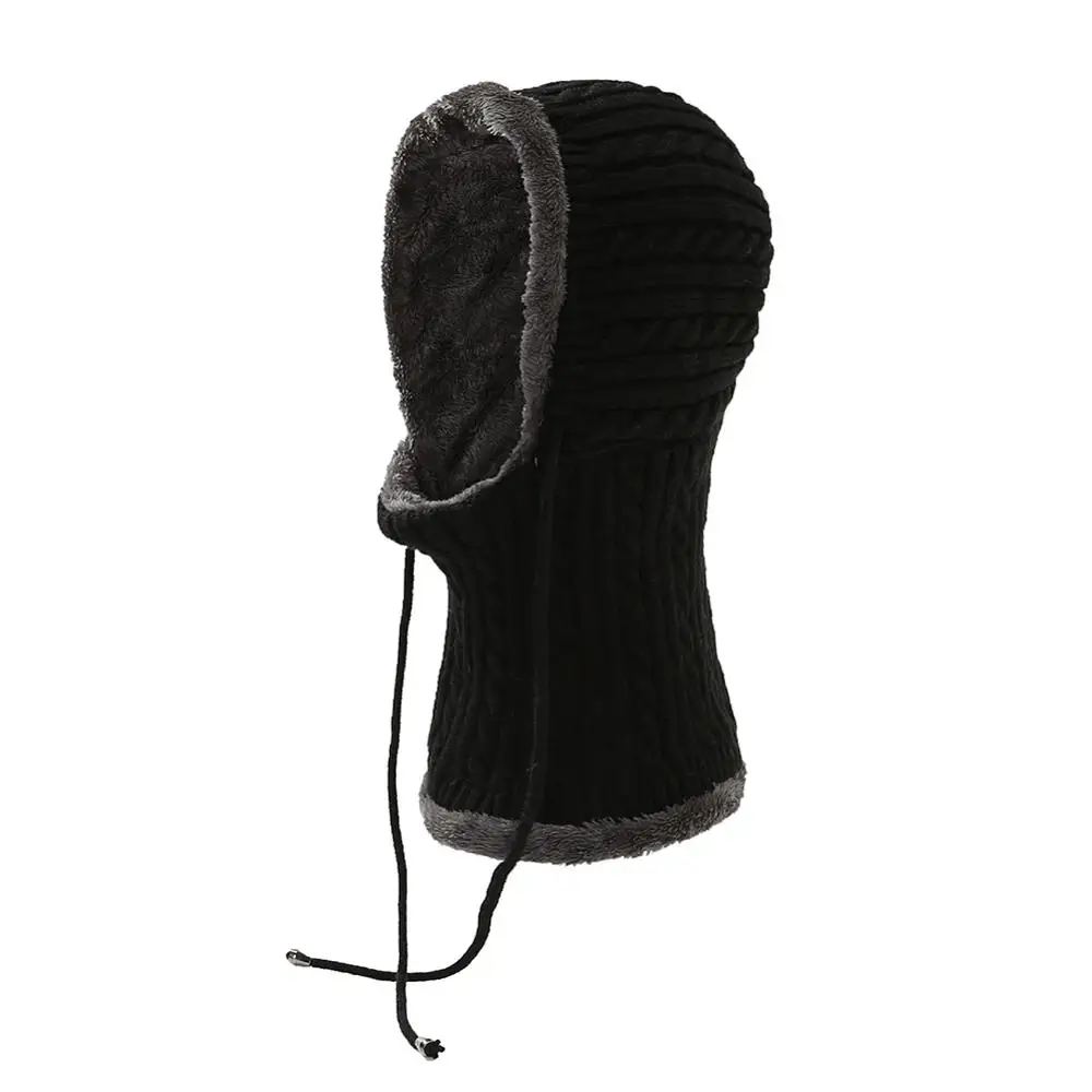 Knitted Balaclava Autumn Winter Drawstring Fluffy Face Mouth Mask Scarf Hat For Women Men - Color: B