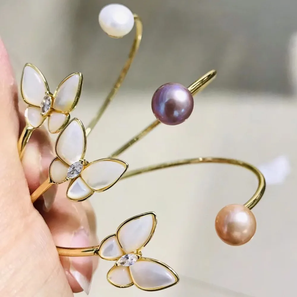 

White Fritillaria freshwater butterfly pearl bracelet ring women's single Gold Princess series 18K Gold Pearl Bracelet