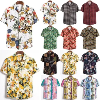 

FFXZSJ Men's new summer linen short sleeve print casual business slim stylish beach resort Hawaiian shirt European size XXXL