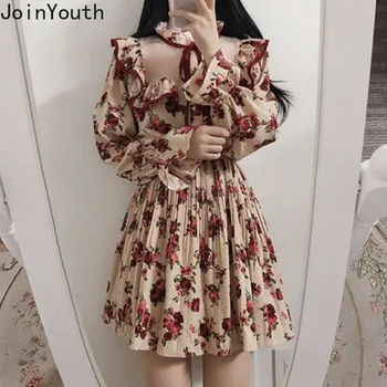 

Joinyouth Vintage Floral Women Dress Lace Patchwork Ruffle Dresses 2020 Spring Long Sleeve High Waist Pleated Vestidos 59345