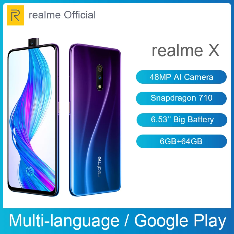 

realme X 6GB RAM 64GB ROM Moblie Phone 16MP Pop-up Camera Cellphone VOOC Fast Charge 3.0 Android 9 48MP Dual AI Camera