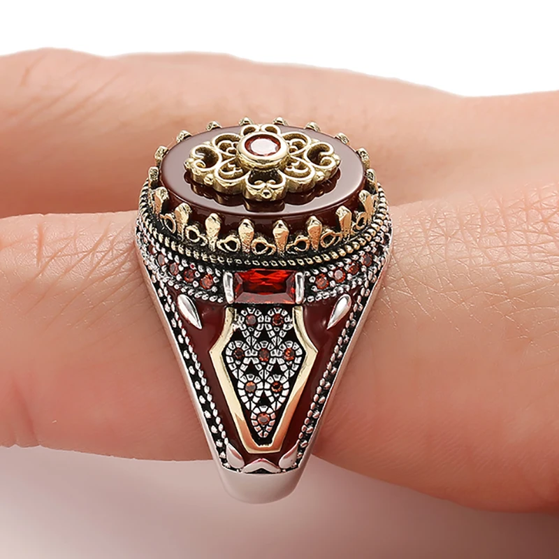 Retro Luxury Natural Red Stone Turkish Handmade Crown Ring Is Suitable for Men and Women Fashion Trend Banquet Jewelry Gifts
