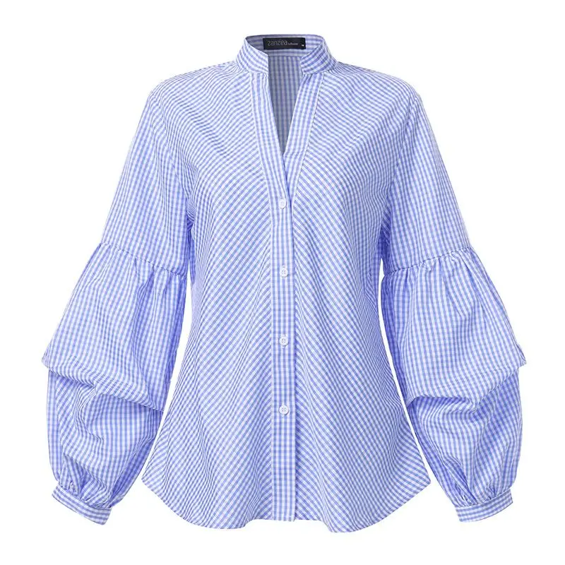Light Blue Модная женская блузка с рукавом-фонариком, клетчатая рубашка, ZANZEA, элегантная, для офиса, для девушек, для работы, шикарная туника, топы, в клетку, OL, рубашки размера плюс - Цвет: Light Blue
