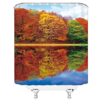 

Forest Shower Curtain Autumn Lake Red Maple Tree Reflection Fallen Leaves River Nature Scenery Blue Sky Background Fabric