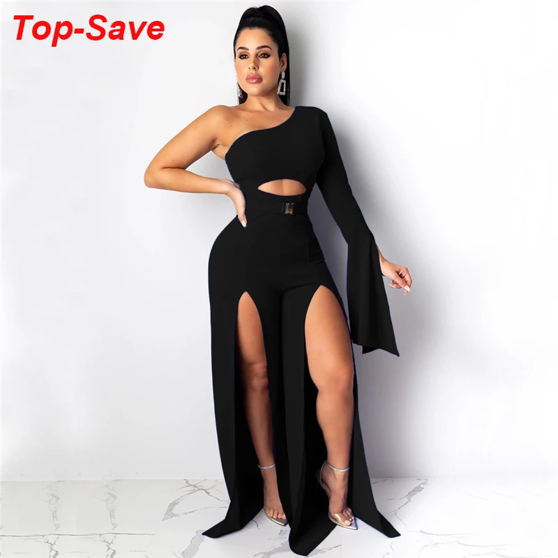 

Women Jumpsuits Casual Solid One Shoulder Sashes High Waist Split Full-length Party Jumpsuit Trousers Female One Piece Outfit