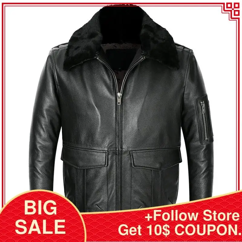 

2020 Black Military Style Pilot Leather Jacket Wool Collar Plus Size 5XL Genuine Cowhide Autumn Slim Fit Aviator Leather Coat