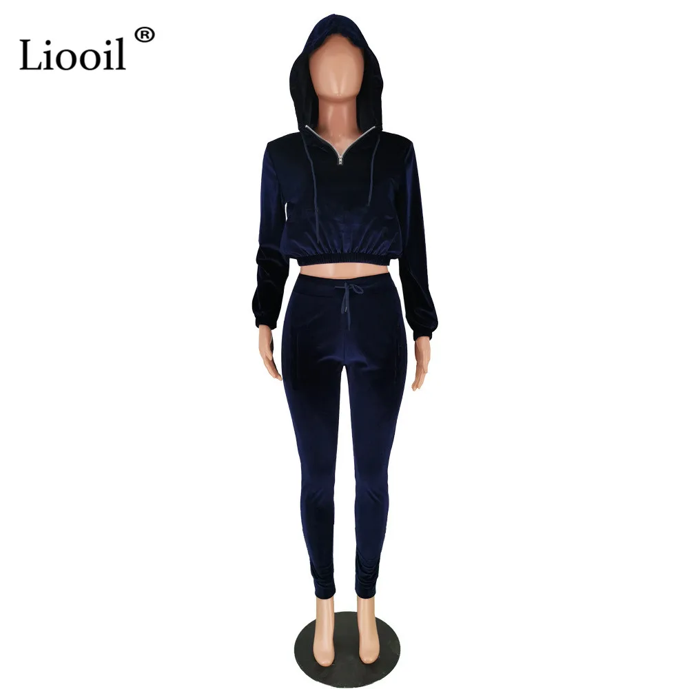 Liooil, комплект из двух предметов, с капюшоном, сексуальная Толстовка и спортивные штаны,, длинный рукав, на молнии, спортивный костюм, для женщин, для бега, костюм, подходящие наборы