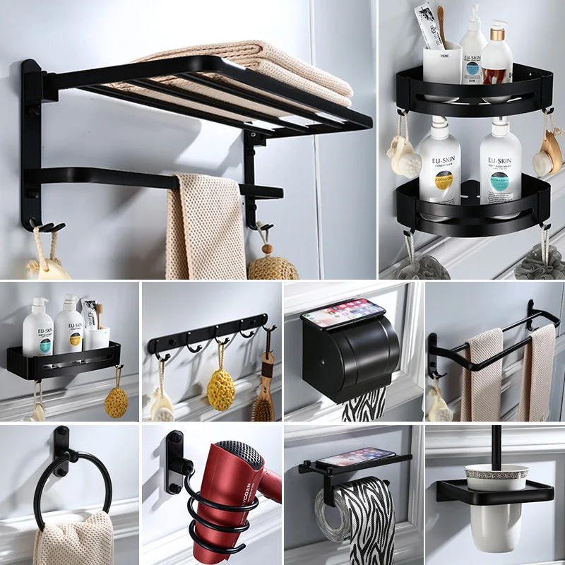 

Hole-Punched Towel Rack Black And White with Pattern Alumimum Towel Rack Bathroom Rack Toilet Sanitary Ware Hardware Pendant Set