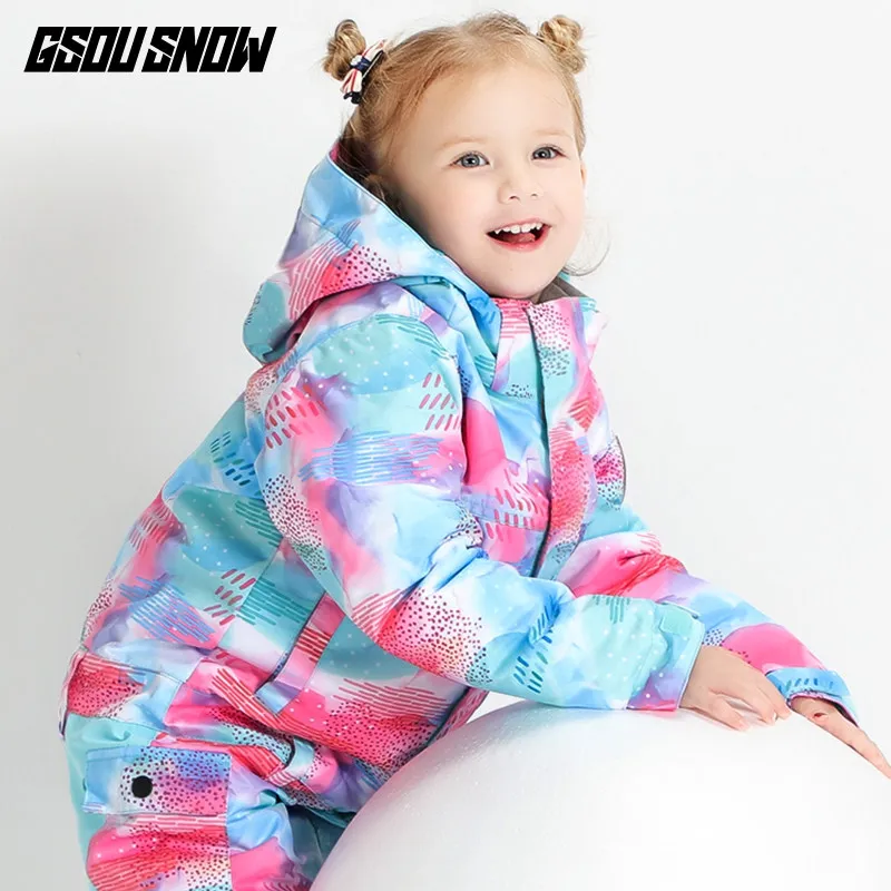 GSOU/лыжный костюм для девочек, цельный костюм для сноуборда, детская зимняя супер теплая куртка с капюшоном, ветрозащитная водонепроницаемая Спортивная одежда для улицы