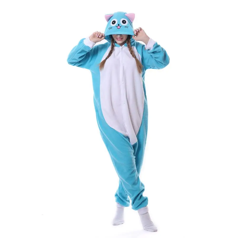 

Anime Fairy Kawaii Happy Blue Cat Kigurumi Fleece Winter Cartoon Animal Sleepwear Adult Pajamas Onesies Cosplay Costumes
