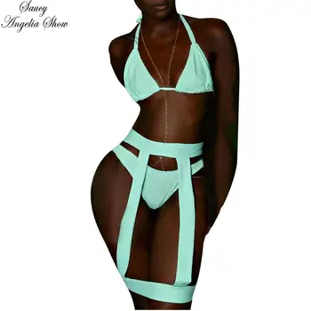 

Two kinds Dressed Bikini Set Sexy Swimwear Women Halter Top Swimsuit 3 Piece Set Lace Up High Waist Bandage Bathing Suit Tankini