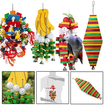 1Pc Wooden Parrot Toy Birds Colorful Large Chewing Hanging Cage Toy Parakeet Cockatiel Budgie Play Toy Pet Bird Supplies