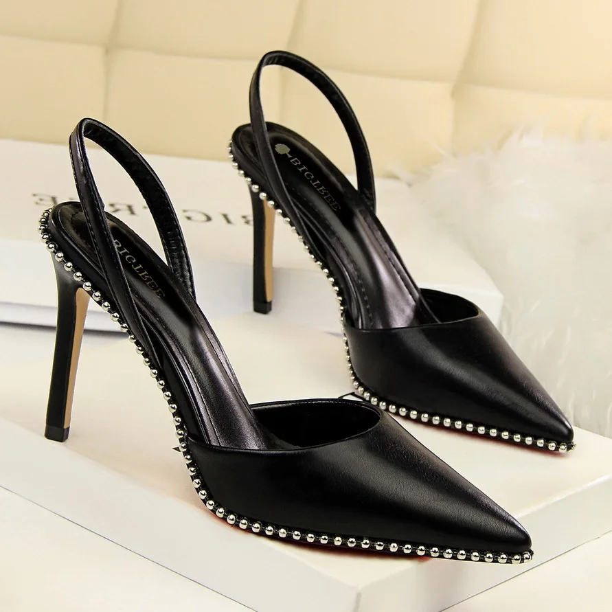 

313-2 Suede-Style Rivet Nightclub Slimming High-Heel Europe And America Low-Cut Hollow out Slingback with Sexy Thin Heeled Women
